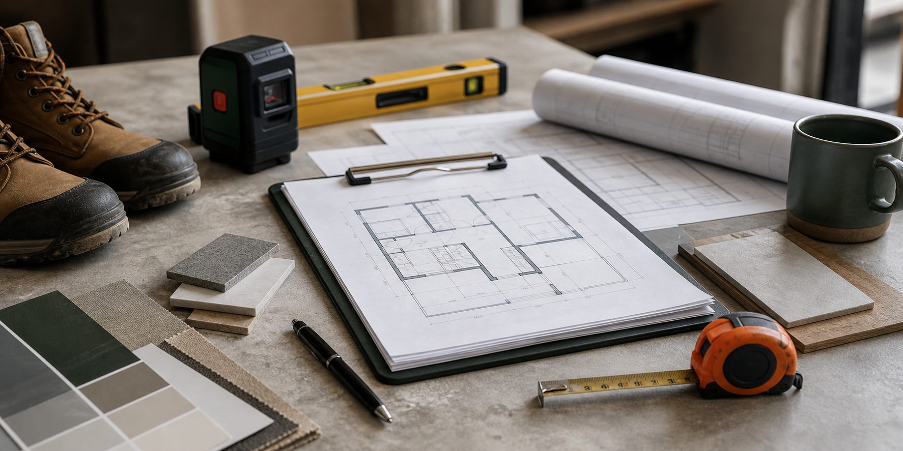 Plattegrond, materiaalstalen en meetgereedschap voor het herindelen van een woning