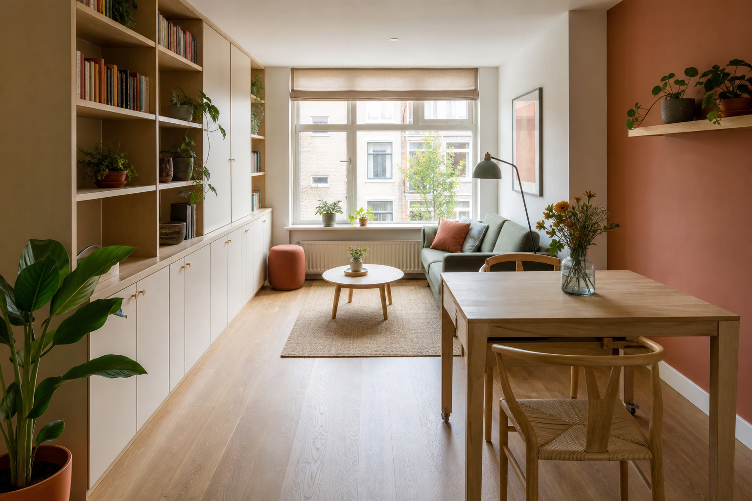 Plattegrond, materiaalstalen en meetgereedschap voor het opnieuw indelen van een woning