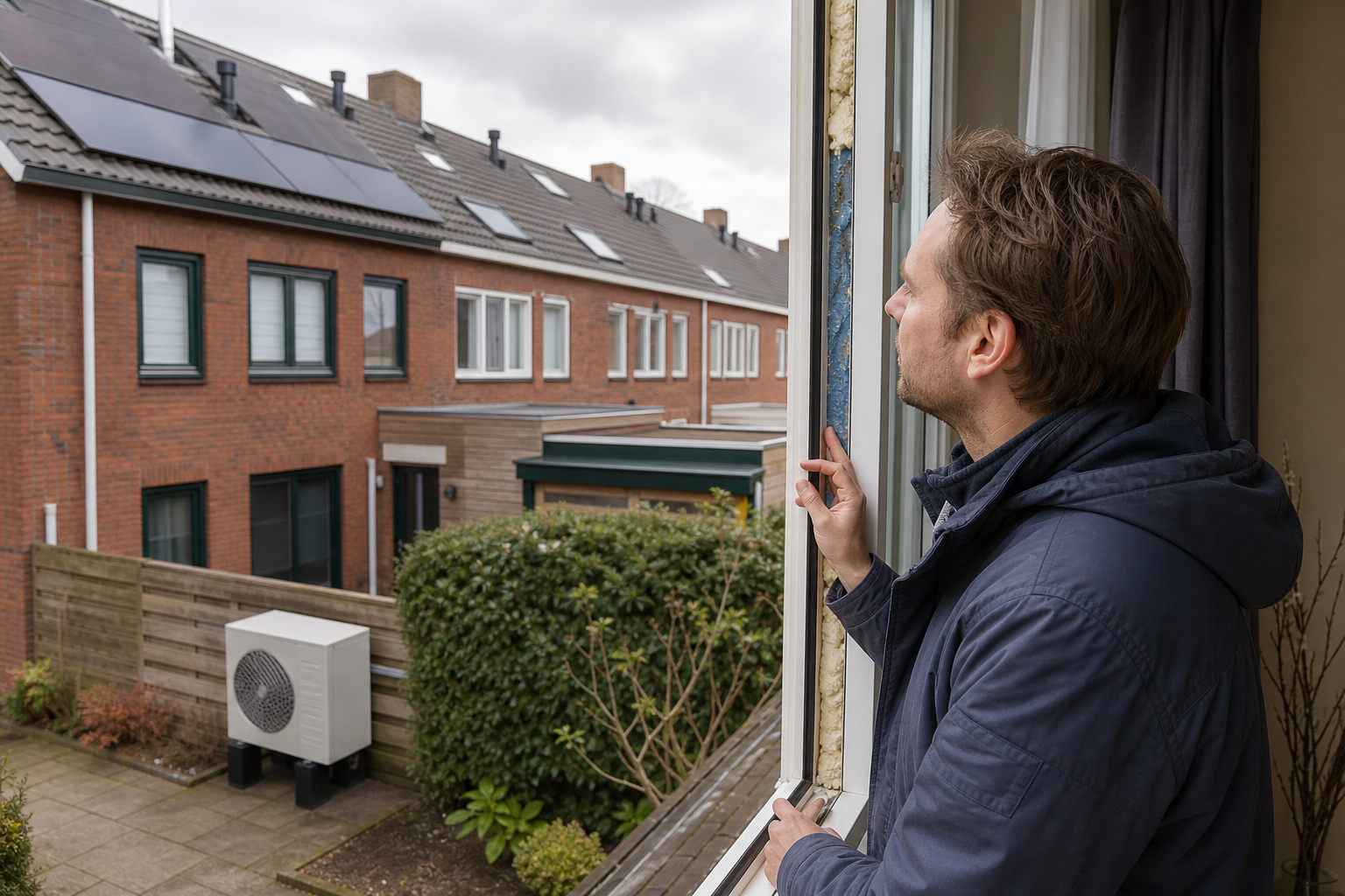 Bewoner meet een lichte binnenmuur in een ruim huis met blauwe accenten